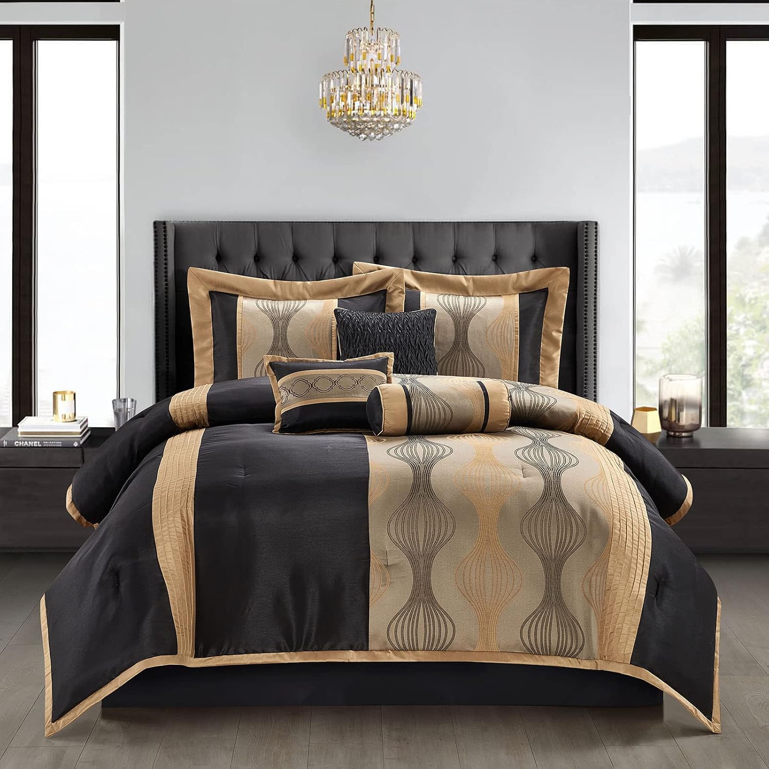 Grand Avenue Elegant Black and Gold Comforter Set, Striped, 7 Pieces Jacquard Bedding Sets with Comforter, Bed Skirt, Pillows & Shams, California King Size All Season, Lightweight Microfiber