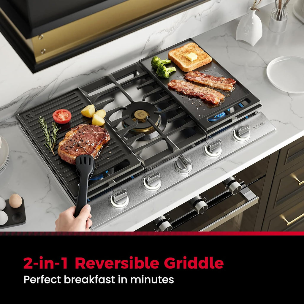 GASLAND Chef Collection 30 Inch Gas Cooktop, GH4305SF 5 Italy Burner Propane Stovetop with Backlit LED Knobs, Dishwasher Safe Grates, Reversible Cast Iron Grill/Griddle, NG/LPG Convertible, 120V