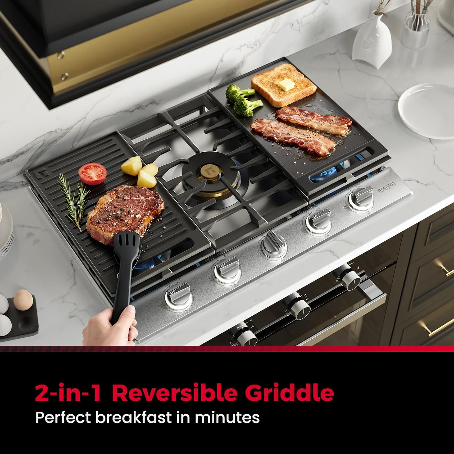 GASLAND Chef Collection 30 Inch Gas Cooktop, GH4305SF 5 Italy Burner Propane Stovetop with Backlit LED Knobs, Dishwasher Safe Grates, Reversible Cast Iron Grill/Griddle, NG/LPG Convertible, 120V