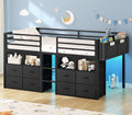 ADORNEVE Low Loft Bed Twin Size with 8 Storage Drawers, Twin Loft Bed with Bookcase and LED Lights, Metal Kids Loft Bed with 14' H Safety Guardrail, Under-Bed Play Space, No Box Spring Needed, Black