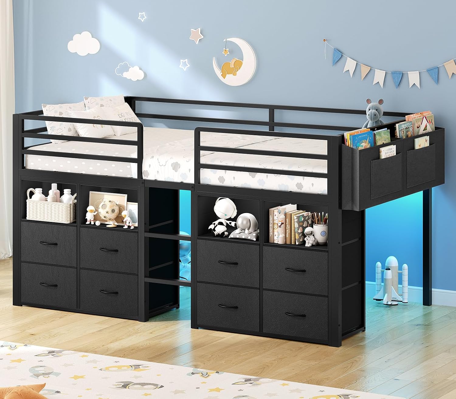ADORNEVE Low Loft Bed Twin Size with 8 Storage Drawers, Twin Loft Bed with Bookcase and LED Lights, Metal Kids Loft Bed with 14' H Safety Guardrail, Under-Bed Play Space, No Box Spring Needed, Black