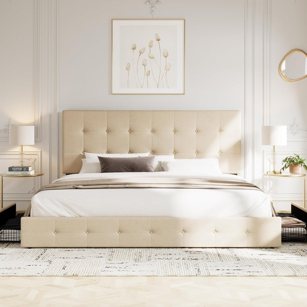 Allewie Upholstered King Size Platform Bed Frame with 4 Storage Drawers and Headboard, Square Stitched Button Tufted, Mattress Foundation with Wooden Slats Support, No Box Spring Needed, Beige