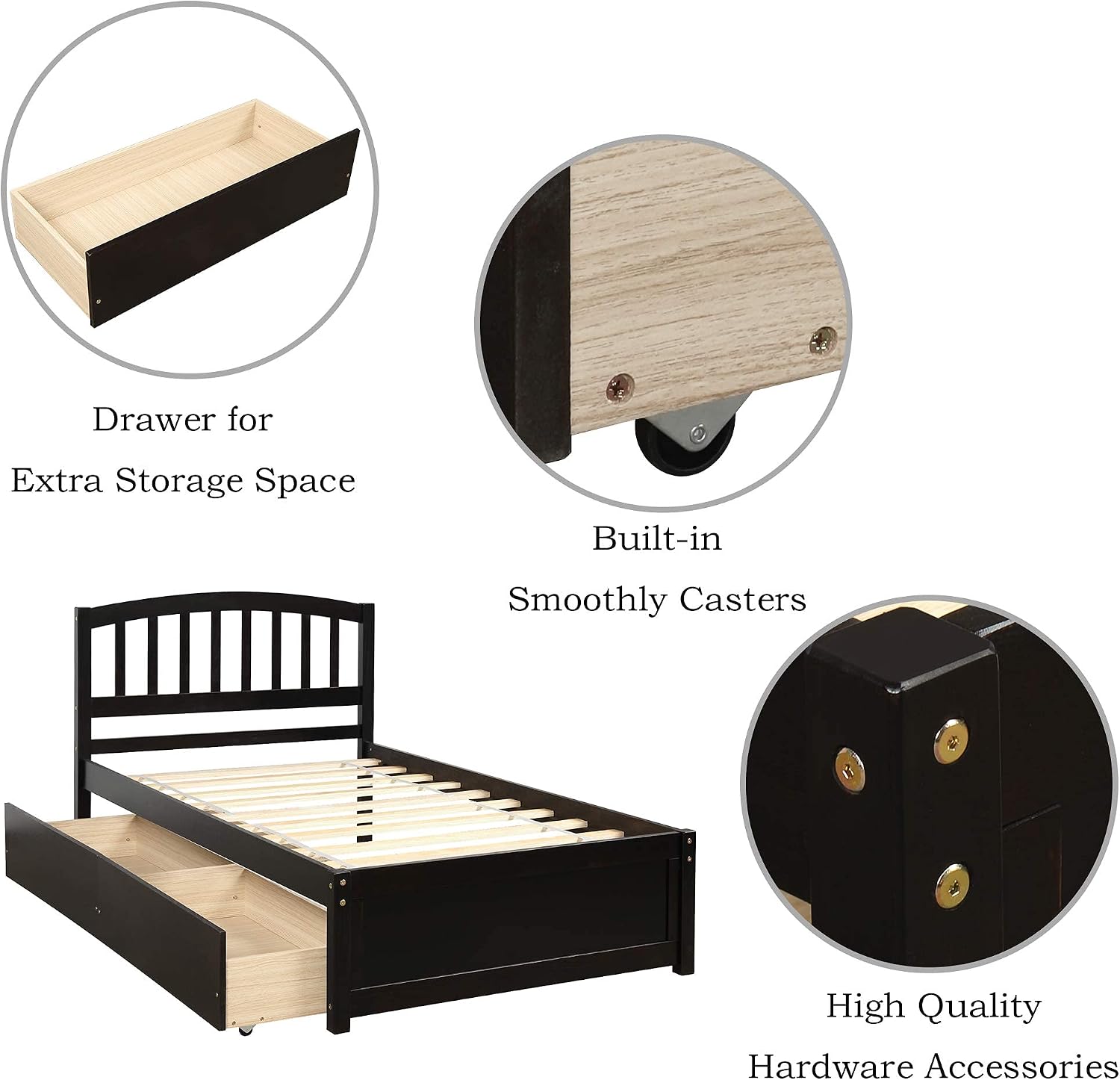 Harper & Bright Designs Wood Twin Size Platform Bed with Storage Drawers and Headboard for Saving Space, Vintage Bed Frame for Kids Boys Girls, No Box Spring Needed, Space Saving, Espresso