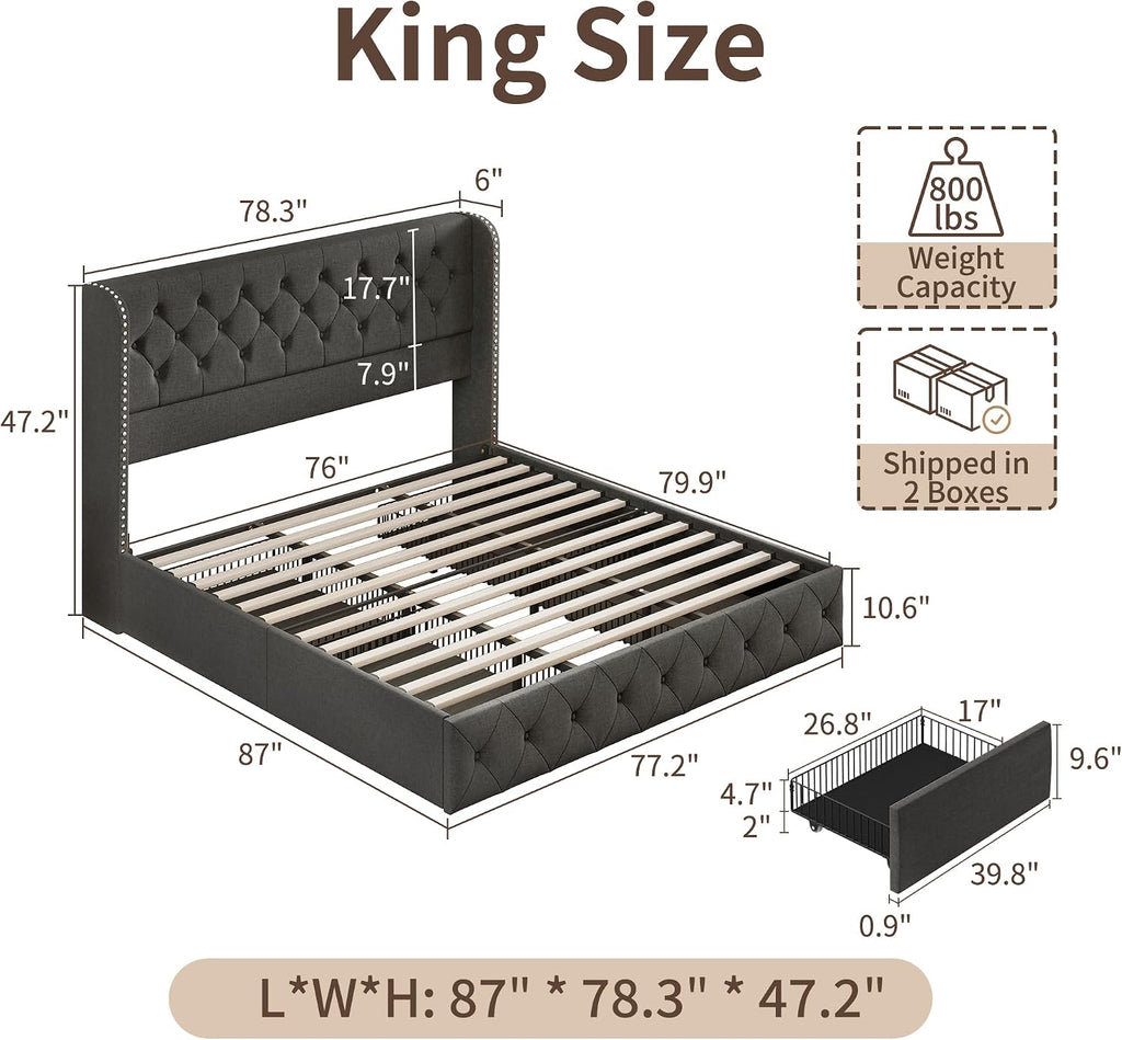 BRELTAM King Size Bed Frame with Storage Drawers and Wingback Headboard Linen Upholstered Platform Bed Frame Tufted Beds with Heavy Duty Wood Slats, Noise Free, Easy Assembly, Dark Grey