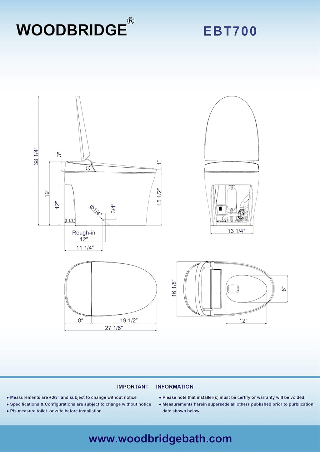 WOODBRIDGE Smart Toilet, Auto Open & Close, Auto Flush, Foot Sensor Operation, Heated Seat and Integrated Multi Function Remote Control in White