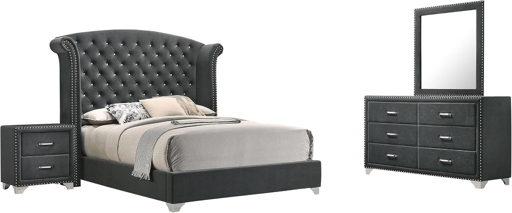 Coaster Home Furnishings Melody Modern Classic 4-Piece Bedroom Set Velvet Upholstered California King Size Wingback Bed Frame 66-inch Headboard Grey 223381KW-S4