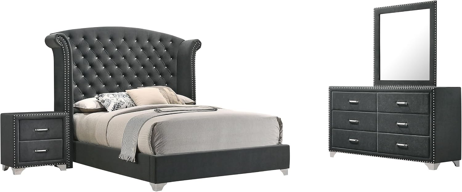 Coaster Home Furnishings Melody Modern Classic 4-Piece Bedroom Set Velvet Upholstered California King Size Wingback Bed Frame 66-inch Headboard Grey 223381KW-S4