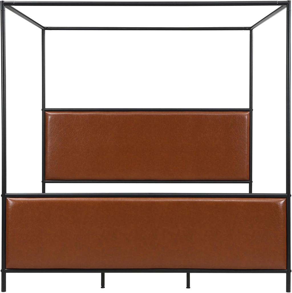 King Size Canopy Bed with Upholstered Headboard, Tall Four Poster Platform Bed for Bedroom (Brown+Black, King)