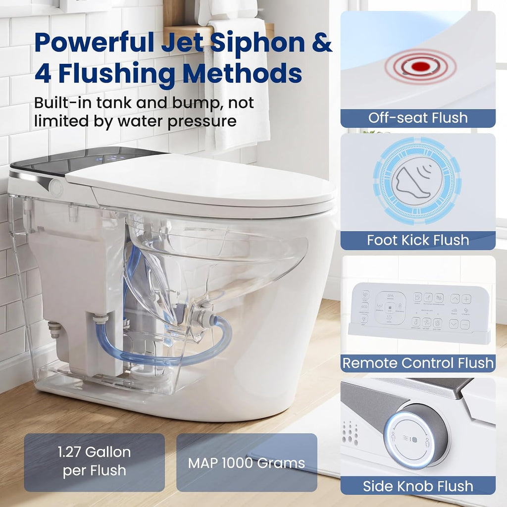 COSTWAY Smart Toilet with Built-in Bidet, Electric One Piece Toilet w/1000g MaP Flushing, Built-in Tank & Pump, Auto Flush, Foot Kick, Heated Seat, Warm Water & Dryer, LED Display, Night Light, Remote