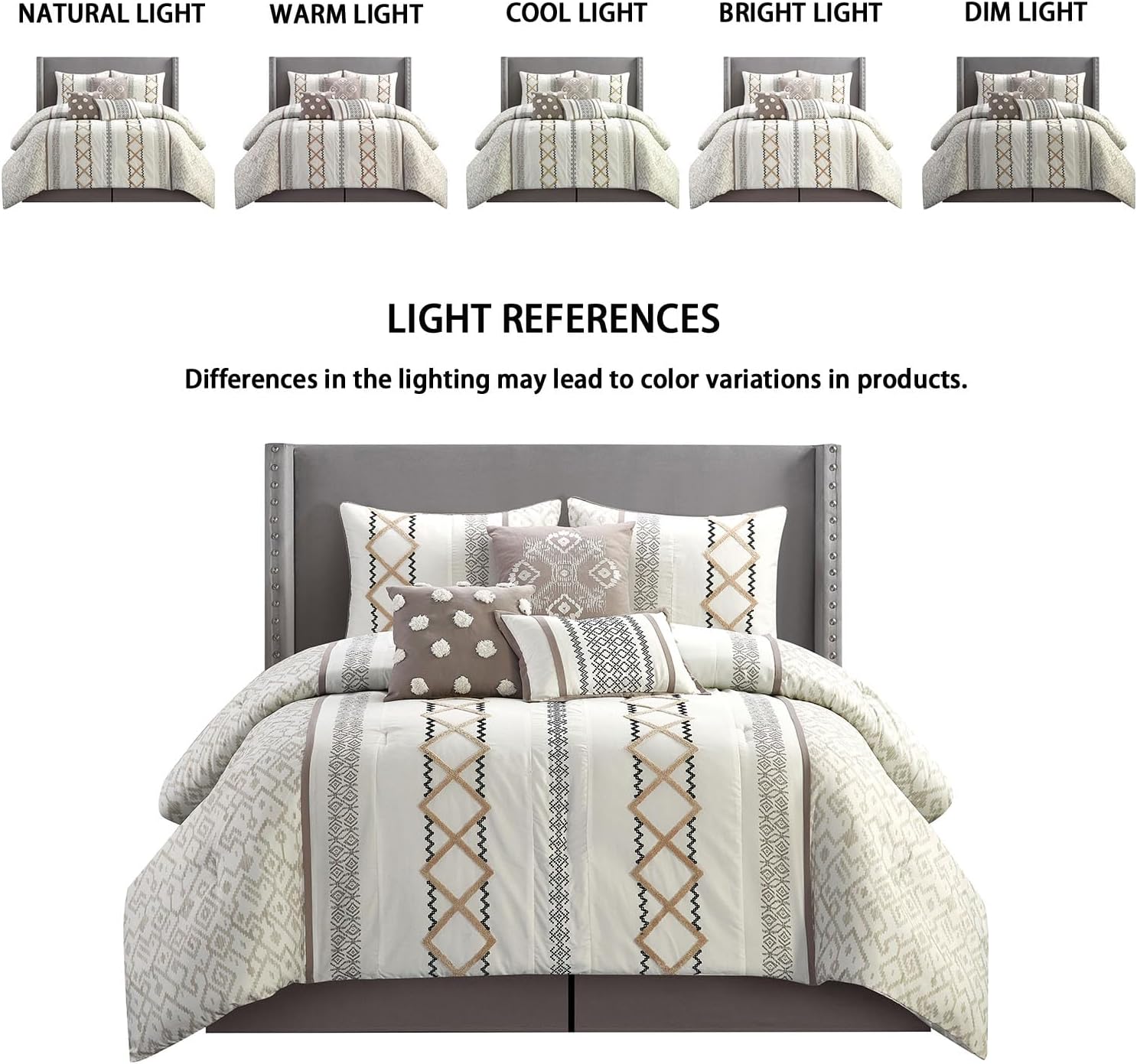 Grand Avenue Luxury 7 Piece Cozy Boho Comforter Set King Beige Embroidered Girls Bedding Premium Microfiber All Season Home Décor