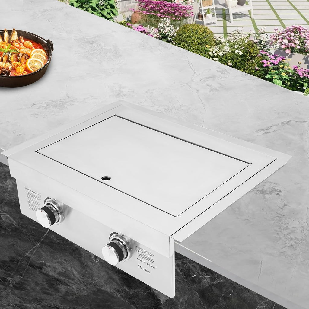 2-Burner Stove for Outdoor Kitchen, Built-in Stainless Steel Side Burner with Removable Grates & Cover, Gas Stove for BBQ Island, Patio, Backyard (Liquid Propane, Double Burner)