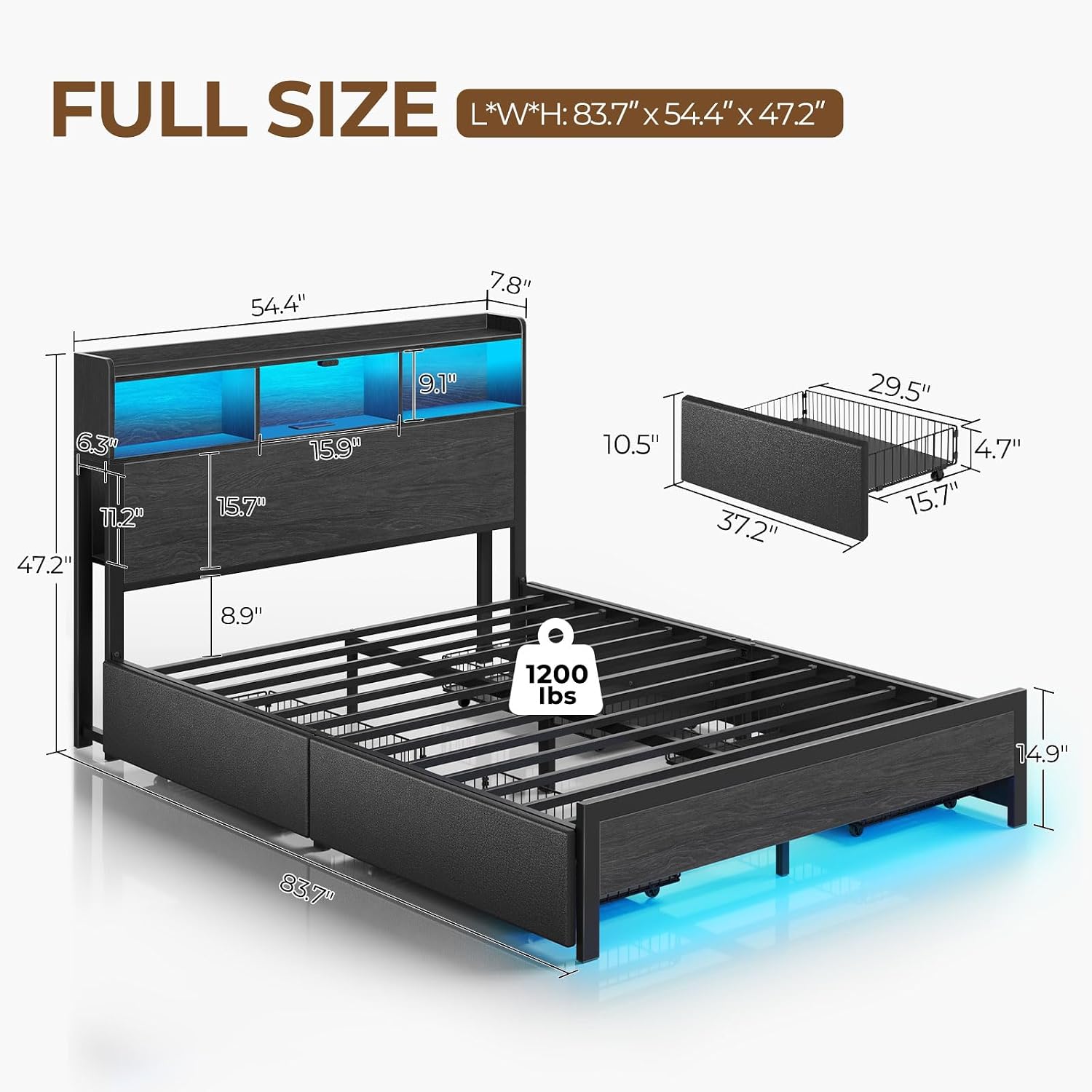 Rolanstar Full Bed Frame with Storage Headboard & 4 Drawers, Metal Platform Bed with Charging Station, LED Single Bed with Side Shelf, No Box Spring Needed, Easy Assembly, Black