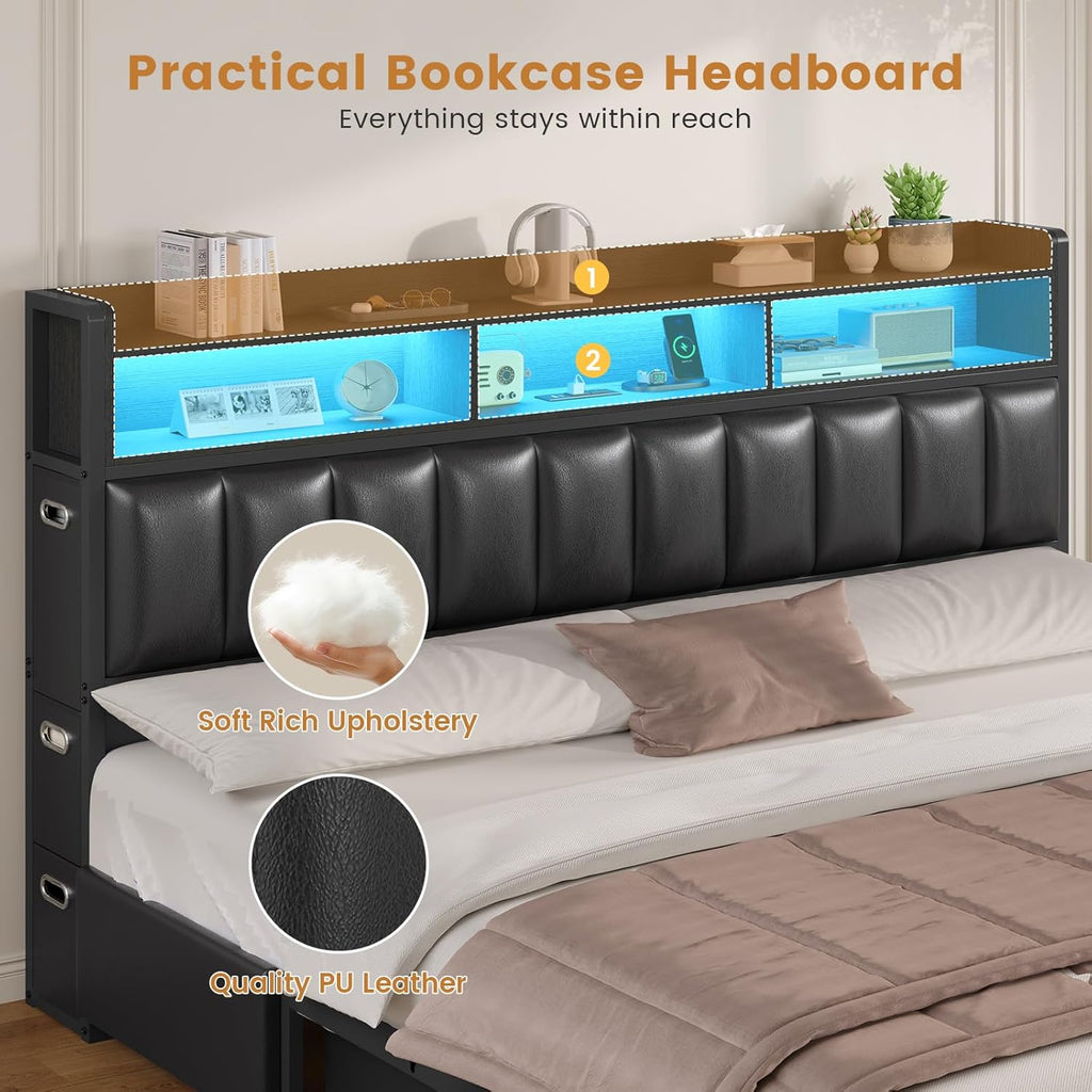 ADORNEVE California King Bed Frame with 10 Storage Drawers & RGB Bookcase Headboard, PU Upholstered Cal King Bed with Charging Station, Heavy Duty Metal Slats, No Box Spring Needed, Black