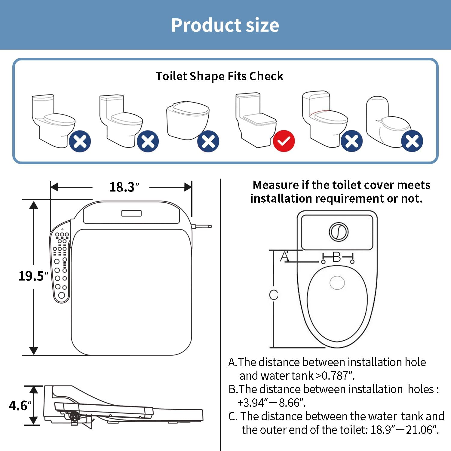KERDE F30 Square Electric Bidet Seat, Smart Toilet Cover, Heated Water Cleansing, Warm Air Drying, Seat Constant Temperature, Adjustable Temperature, Front-to-Back Nozzle Massage