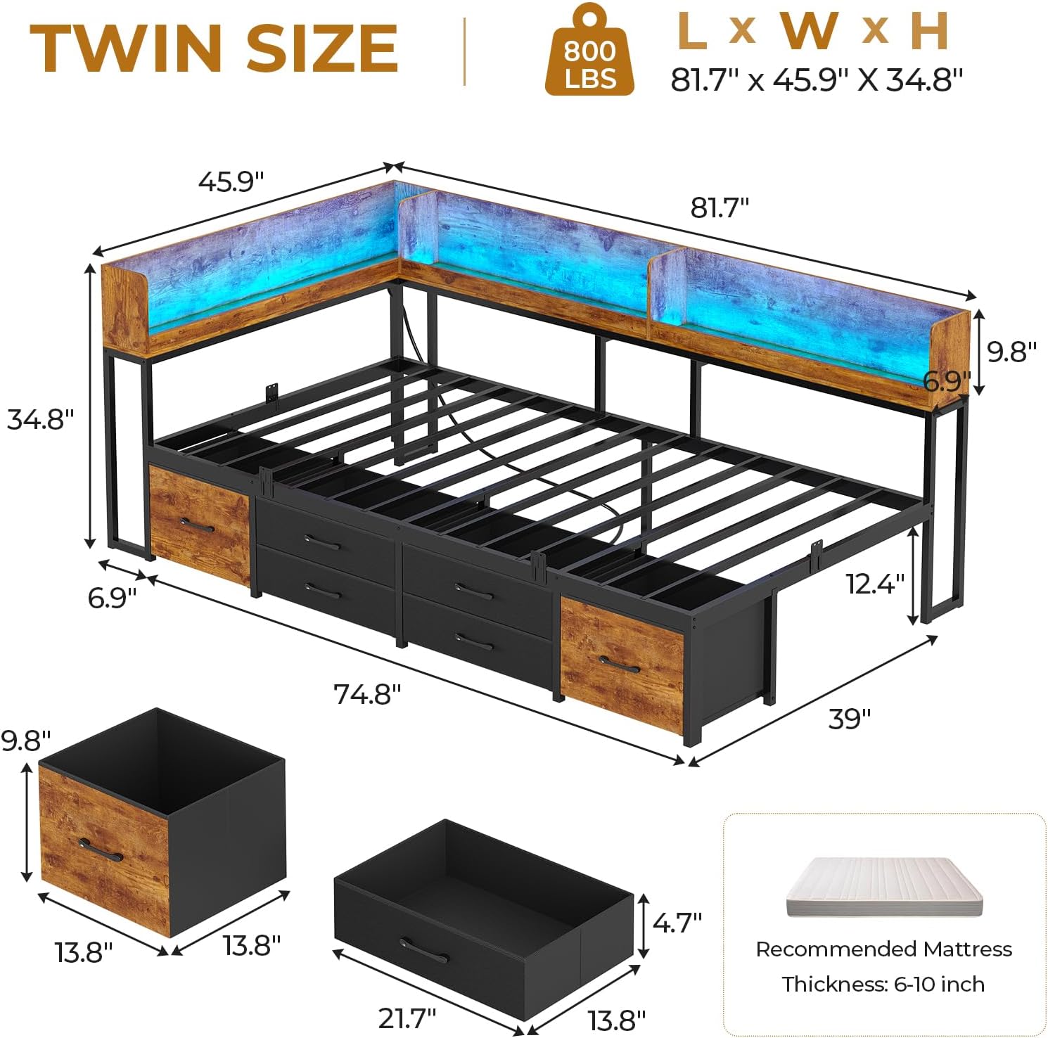 MSmask 14 Inch Corner Bed Frame with Bookcase Storage, Twin Daybed with 6 Drawers, Charging Station and LED Light, Twin Size Metal Platform Bed Frame for Kids Teenagers, Black & Vintage Brown