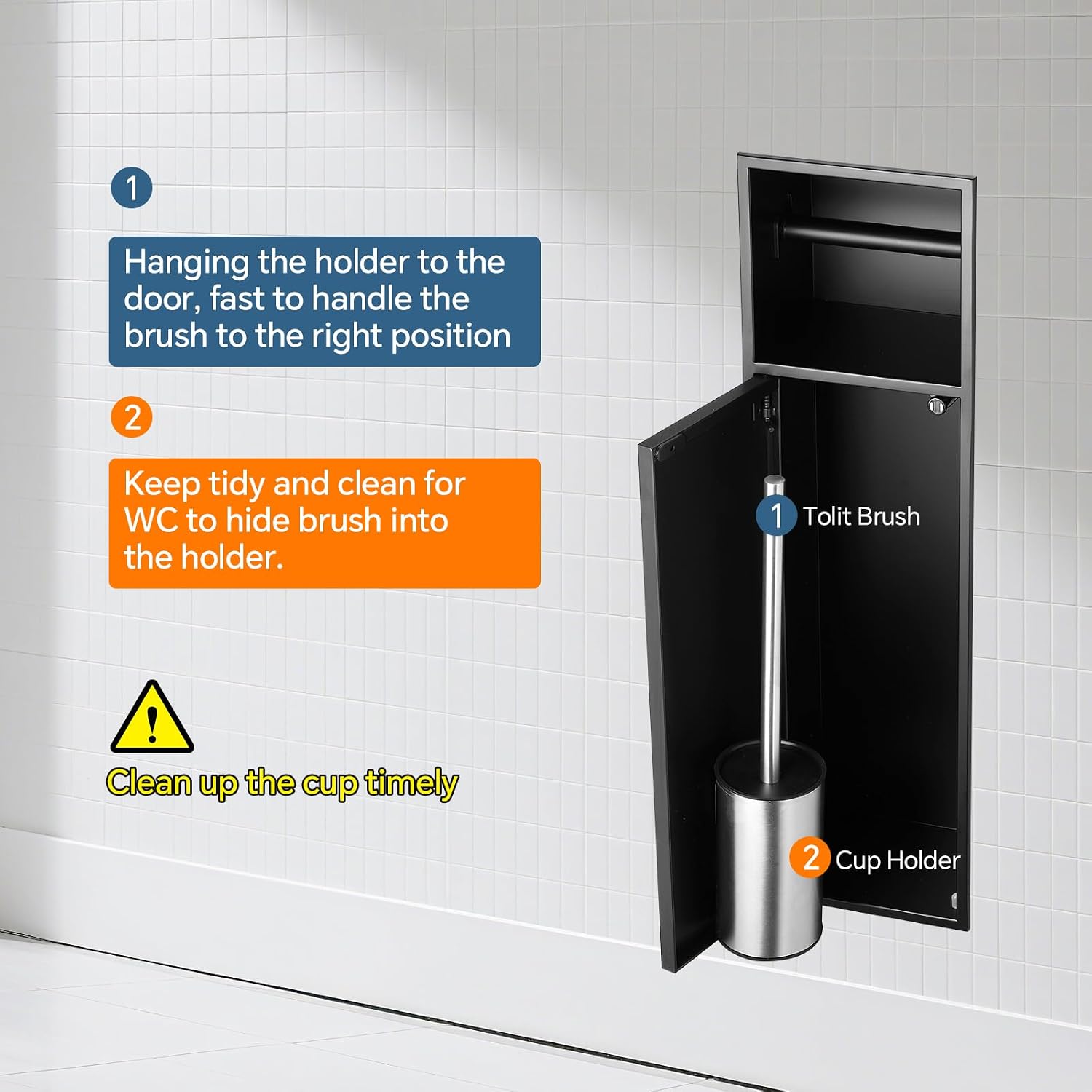 Recessed Toilet Paper Holder Plus Toilet Brush Cupboard in Matte Black with Toilet Brush, Size 6 * 24 * 4.94in (L*H*D), Built-in Toilet Paper Dispenser, Modern and Space-Saving for Bathroom