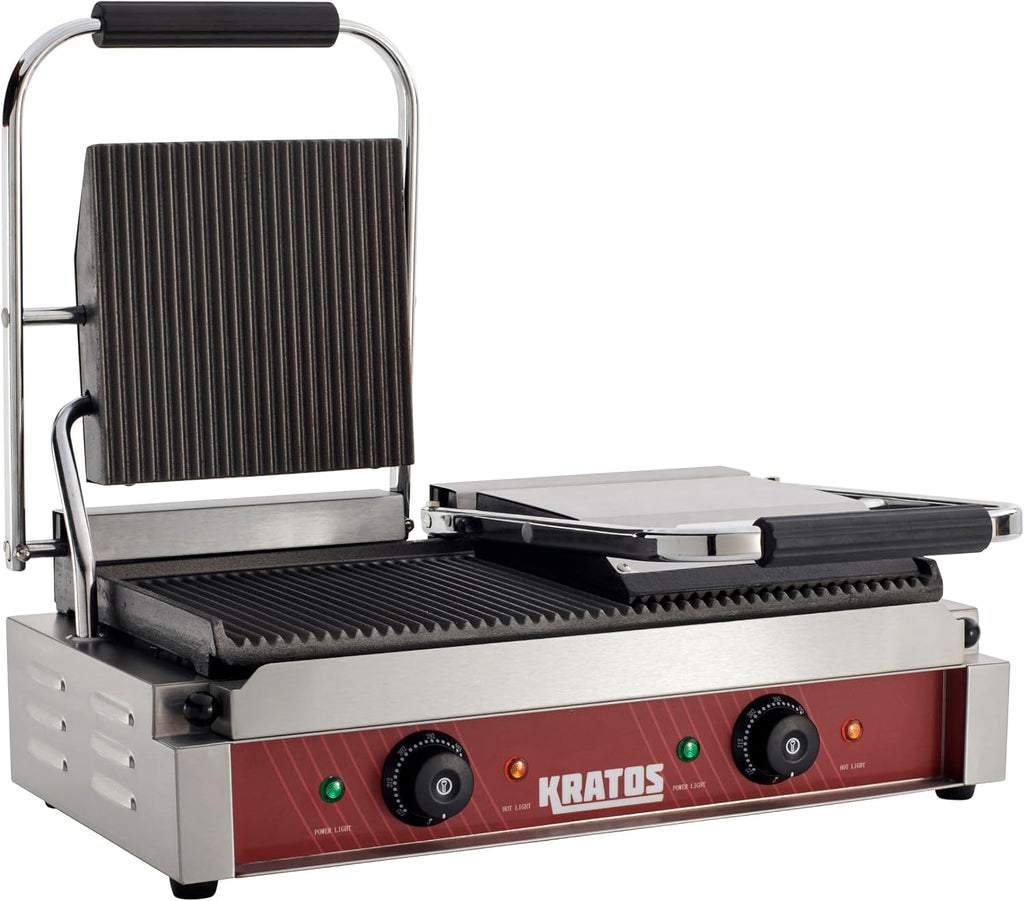 Kratos Commercial Electric Panini Sandwich Grill with Grooved Plates, 18.7' x 9' Cooking Surface, Commercial Countertop Panini Press, 120V, 3500W (29Y-023)