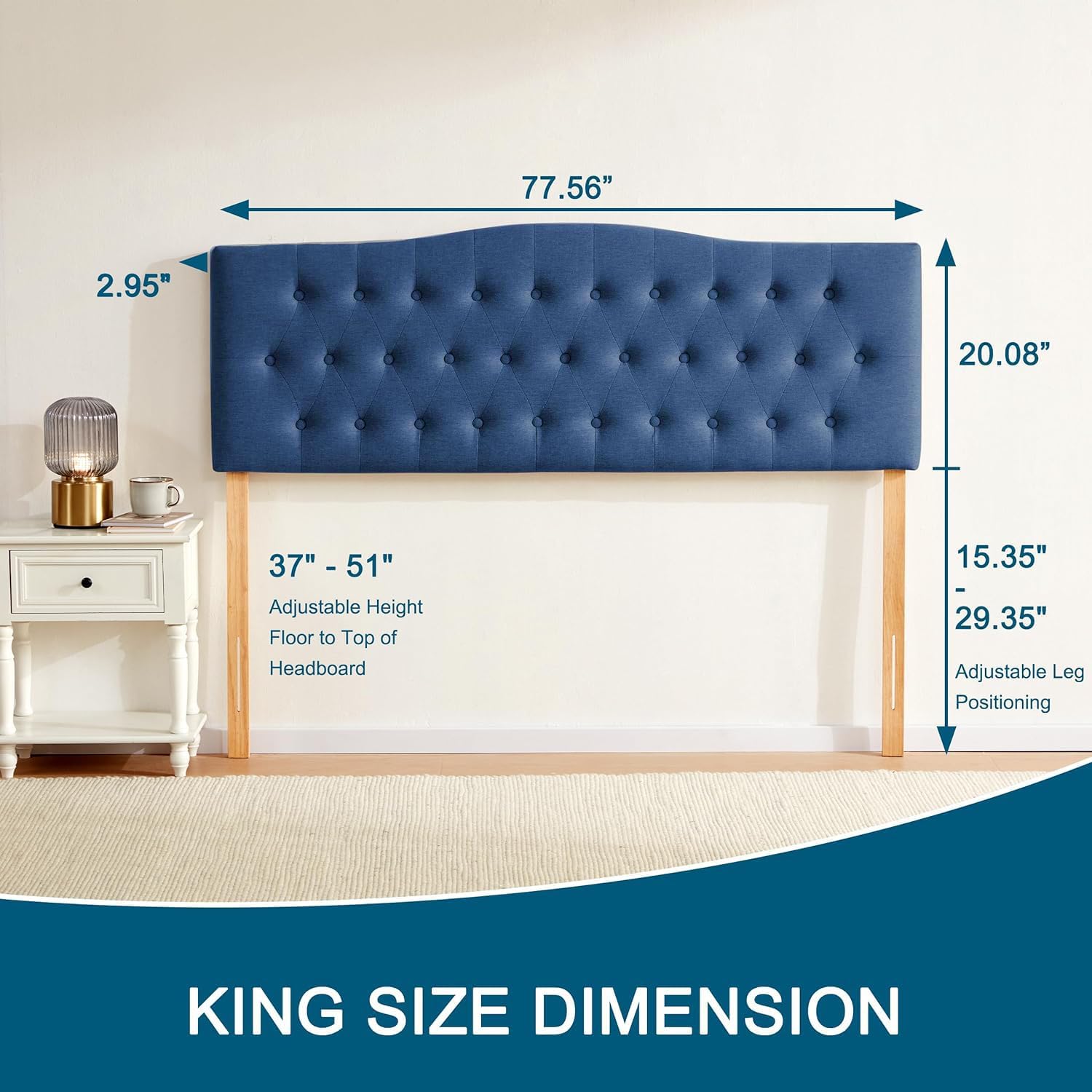 Huatean Home Tufted Upholstered Headboard King Size, Sturdy & Durable Solid Wood Bed headboard, Fabric Headboard Adjustable Height from 37' to 51', Modern Button Diamond Design Head Board, Blue