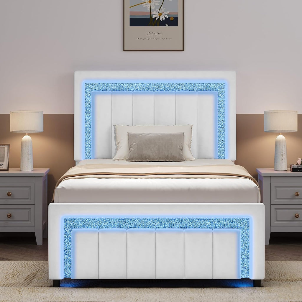 HOMBCK Twin Bed Frame with LED Lights and Velvet Upholstered Adjustable Headboard, Twin Size Bed Frames with Diamond Headboard & Footboard, Wood Slats Support, Noise Free, No Box Spring Needed, White