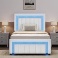 HOMBCK Twin Bed Frame with LED Lights and Velvet Upholstered Adjustable Headboard, Twin Size Bed Frames with Diamond Headboard & Footboard, Wood Slats Support, Noise Free, No Box Spring Needed, White