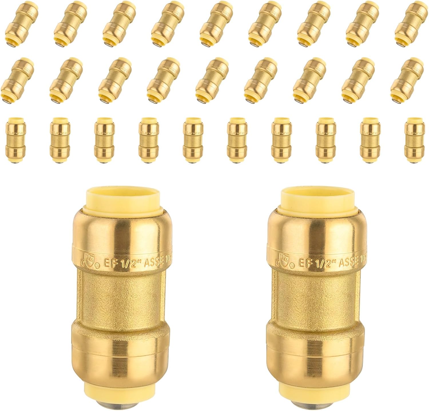 (Pack of 30) Foskan Push Fit Fittings, 1 Inch x 1 Inch Brass Straight Coupling With Disconnect Clip, Push to Connect PEX, Copper, CPVC Pipes for Pipe Repairs & Projects