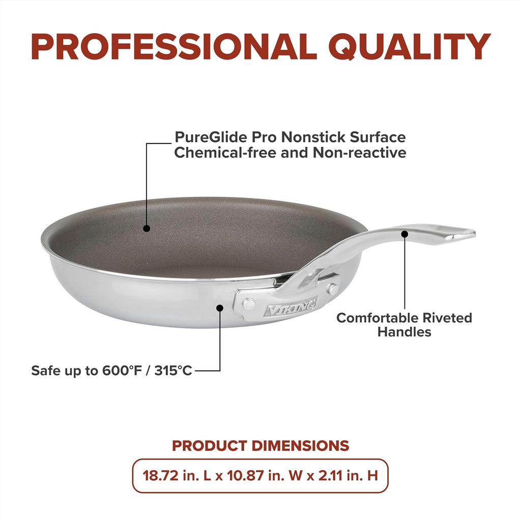 Viking PureGlide Pro 3-Ply Nonstick Frying Pan, Made without PFAS, 10-Inch Induction Cookware, Metal Utensil Safe Titanium Nonstick Surface, Oven Safe to 600F