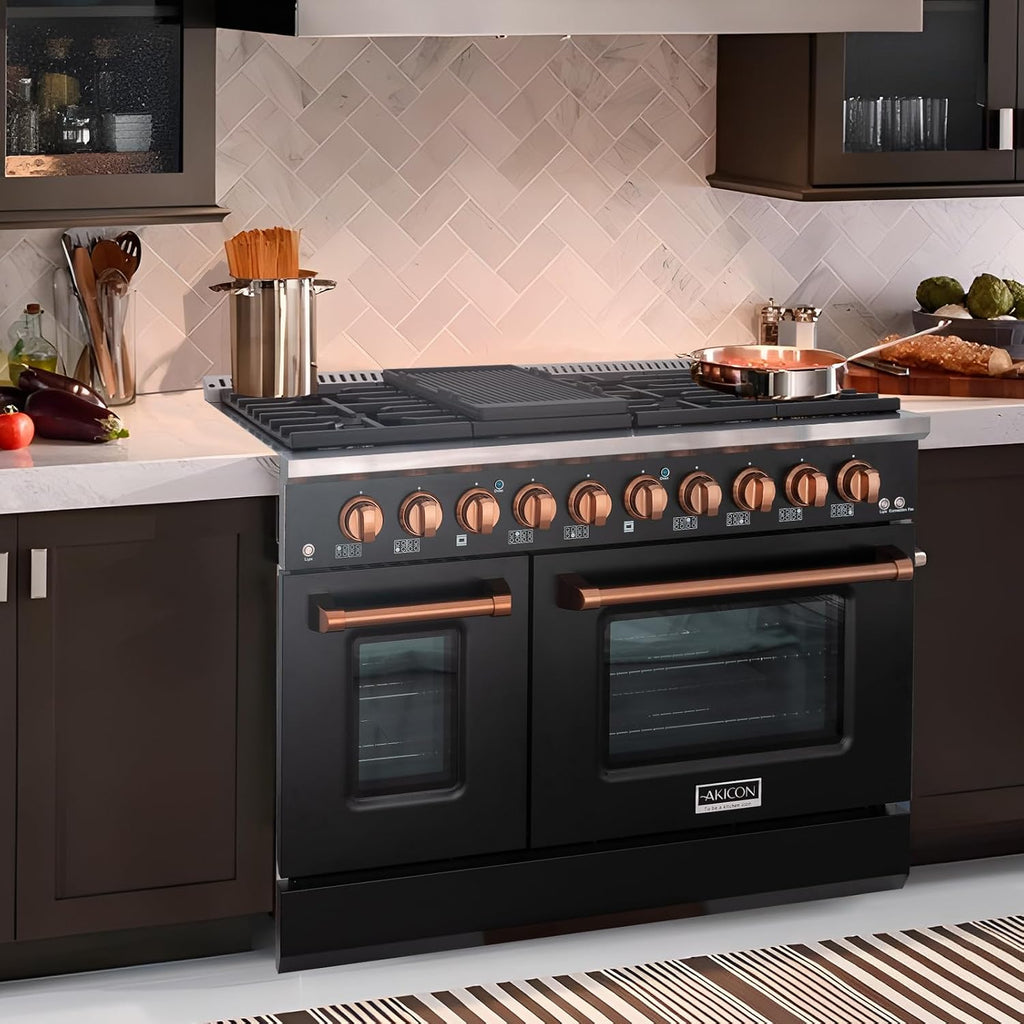 Akicon 48 Inch Freestanding Gas Range - 6.7 cu. ft. Double Rapid Convection Gas Oven Stove with 8 Sealed Burners & a Griddle, Heavy Duty Cast Iron Grates (Black & Copper)