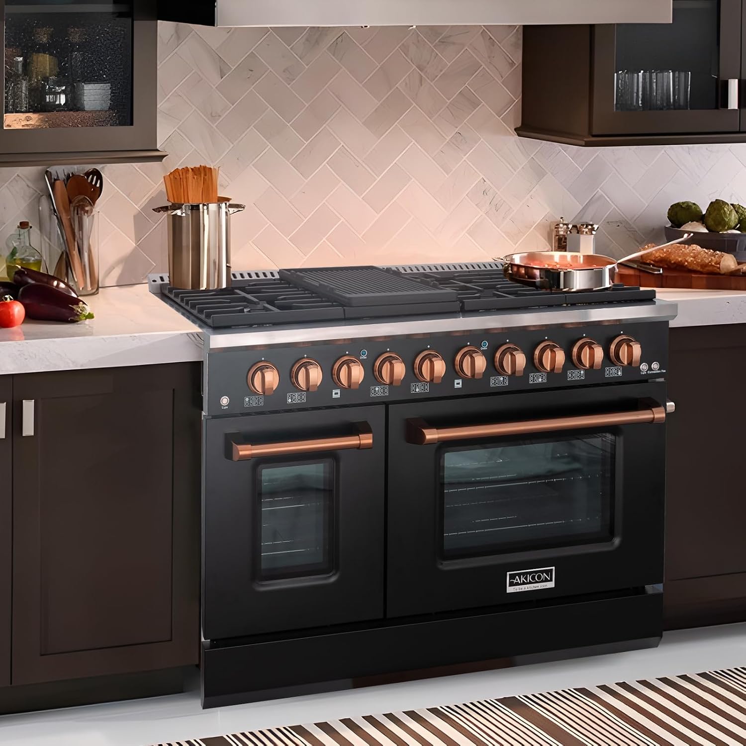 Akicon 48 Inch Freestanding Gas Range - 6.7 cu. ft. Double Rapid Convection Gas Oven Stove with 8 Sealed Burners & a Griddle, Heavy Duty Cast Iron Grates (Black & Copper)