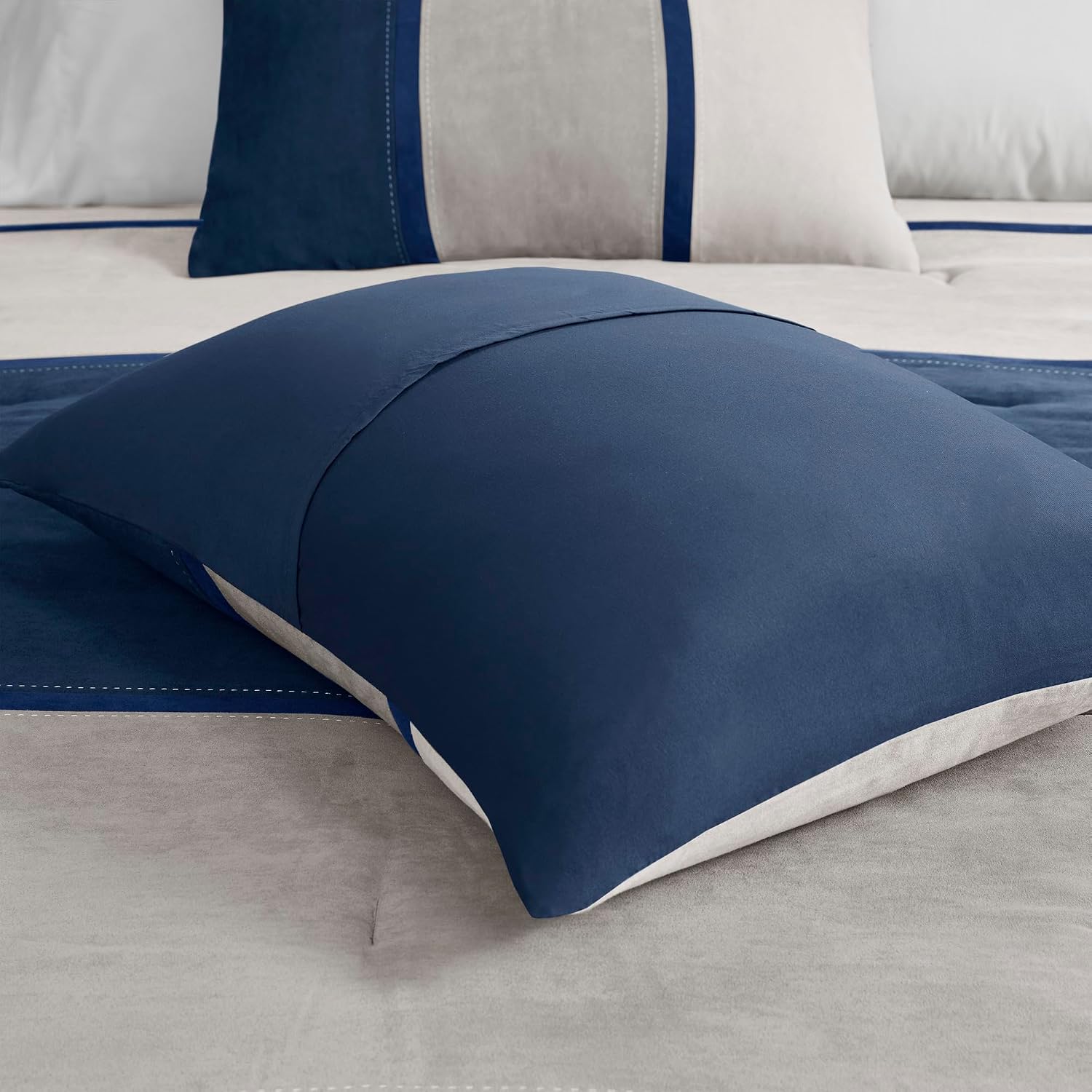 Madison Park Palisades Comforter Set Modern Faux Suede Pieced Stripe Design, All Season Down Alternative Cozy Bedding with Matching Shams, Decorative Pillows, King(104'x92'), Blue 7 Piece