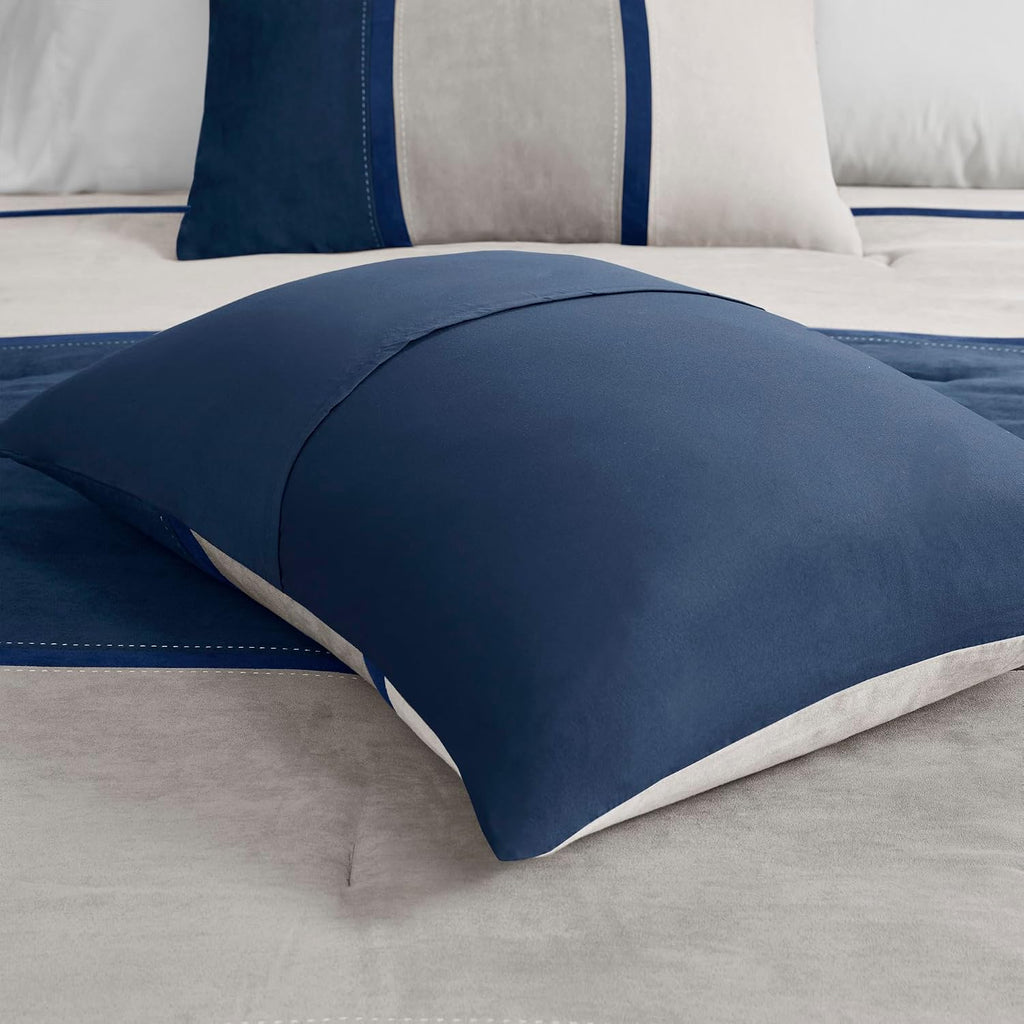 Madison Park Palisades Comforter Set Modern Faux Suede Pieced Stripe Design, All Season Down Alternative Cozy Bedding with Matching Shams, Decorative Pillows, Queen(90'x90'), Multicolor, 7pcs