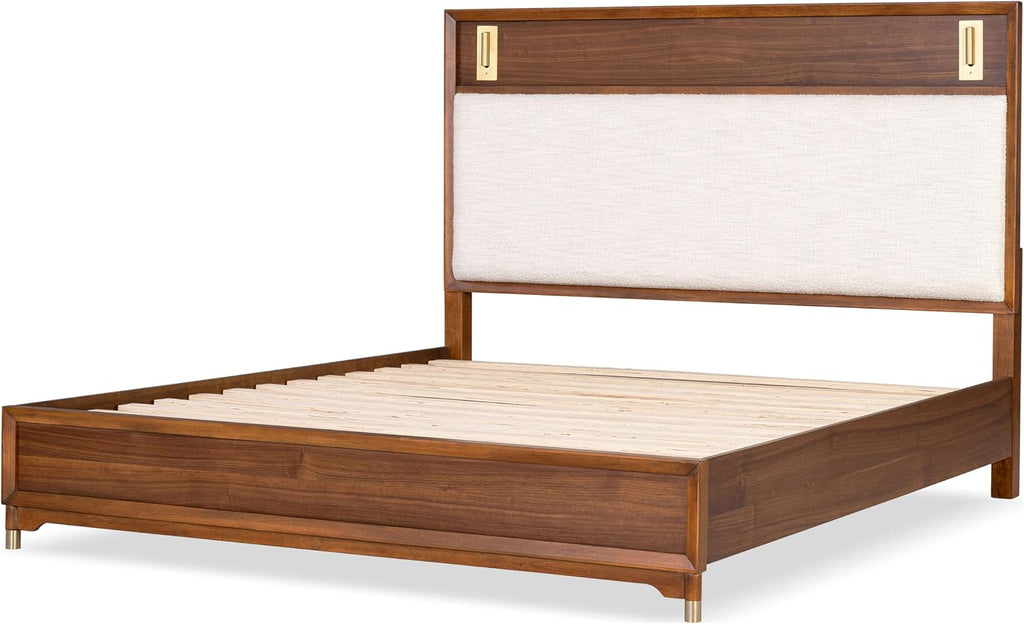 Furniture of America Forma Modern Solid Wood 4-Piece Bedroom Set with Upholstered Bed with LED Lights, Ball-Bearing Glide on Nightstand and Dresser with Mirror, No Box Spring Needed, Queen, Walnut