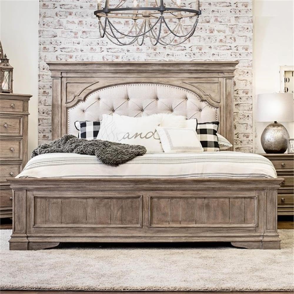 Pemberly Row King Panel Bed, Driftwood Gray Wood Frame, Upholstered Button Tufted Cream Fabric Headboard, Distressed Finish, Hardwood Solids and Veneers, Classic Bedroom Furniture, Requires Box Spring