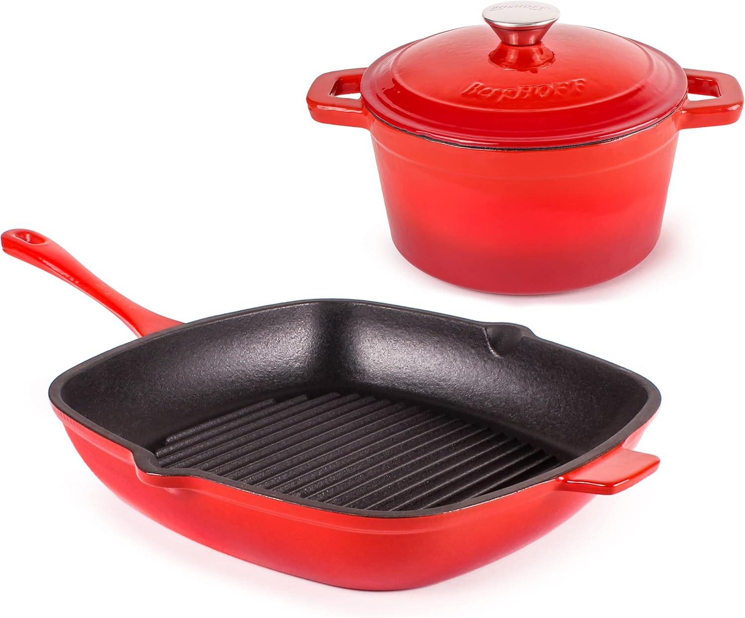 BergHOFF 3Pc Neo Enameled Cast Iron Cookware Set, 3qt. Dutch Oven, Matching Lid, Square Grill Pan 11 Inches, Oven Safe Up To 400°F, Red