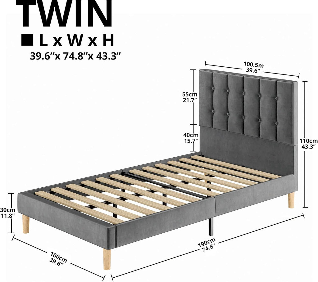 LIKIMIO Twin Bed Frames, Velvet Upholstered Platform Bed Frame with Headboard and Strong Wooden Slats, No Box Spring Needed/Noise-Free/Easy Assembly, Grey