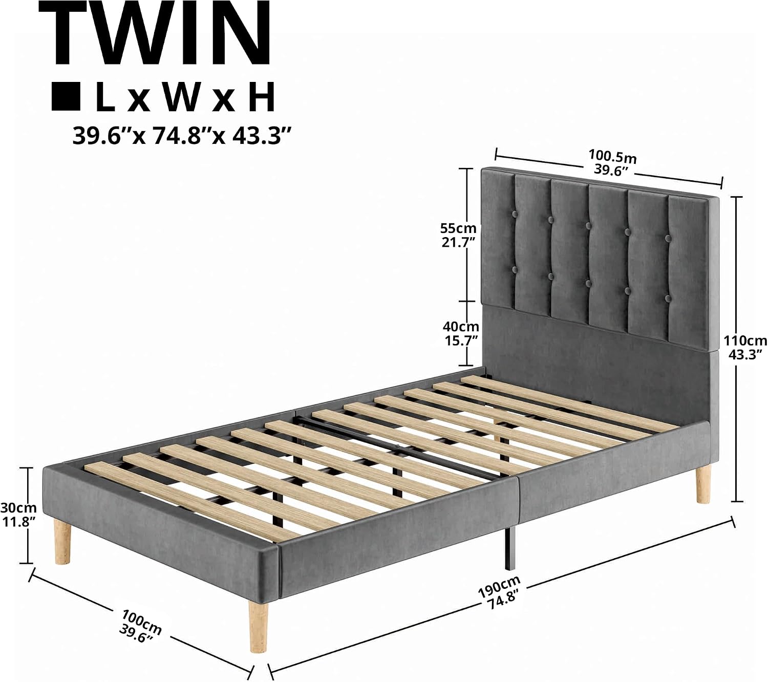 LIKIMIO Twin Bed Frames, Velvet Upholstered Platform Bed Frame with Headboard and Strong Wooden Slats, No Box Spring Needed/Noise-Free/Easy Assembly, Grey