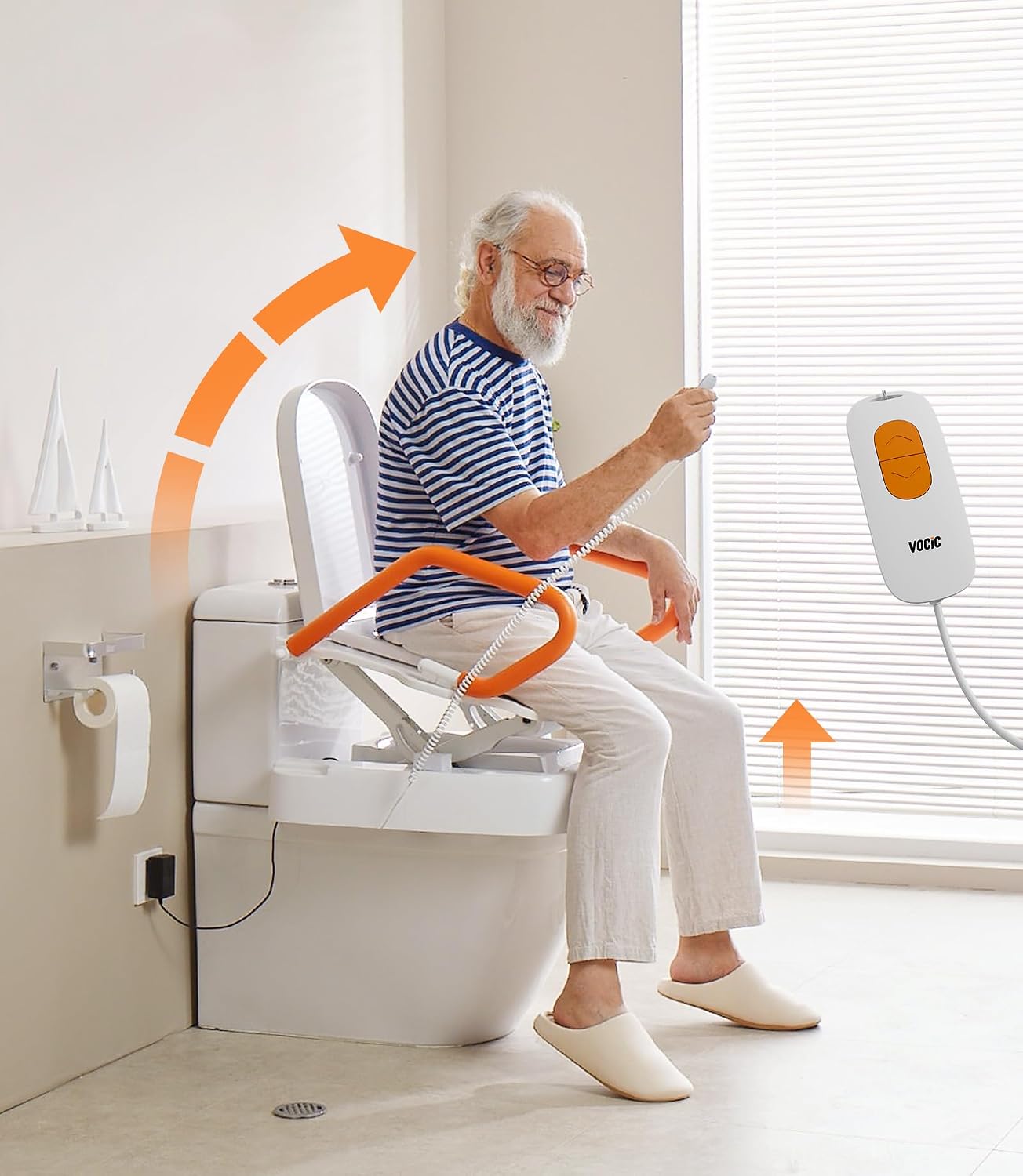 VOCIC Electric Toilet Seat Lift, Electric Raised Toilet Seat, Powered Toilet Seat Riser with Handles, Toilet Lift Seat for Elderly, Support to 330LBS, AX12