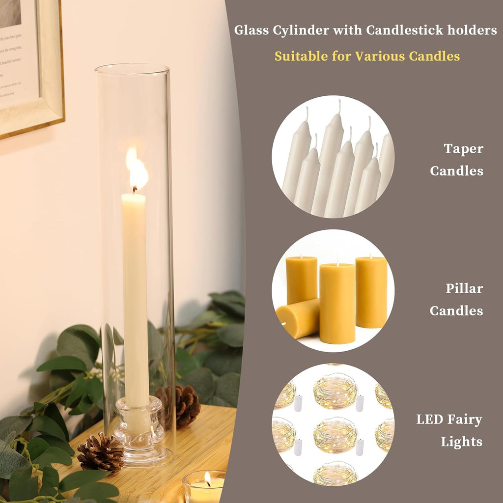 Volens Hurricane Glass Candle Holders Bulk- Set of 24 Candlestick Holders for Taper Candles with Windproof Cylinder Covers 14' Tall Clear Glass Chimney Cover for Wedding Table Centerpiece