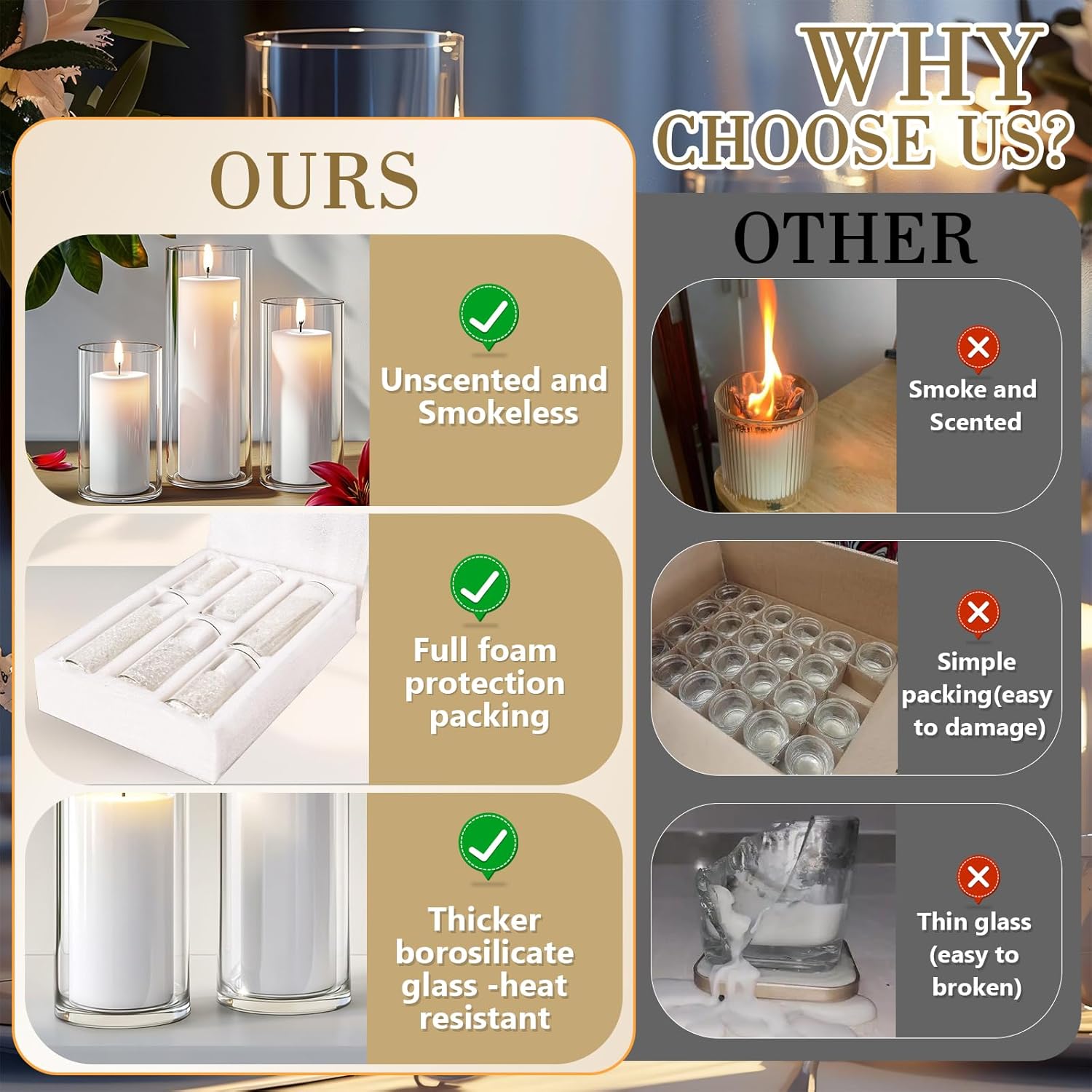 72 PCS Ivory White Pillar Candles with Glass Candle Holders Clear Hurricane Candle Holders Glass Cylinder Vases for Centerpieces Wedding Party, Event, Home Office (36 Candles+36 Candle Hoders)