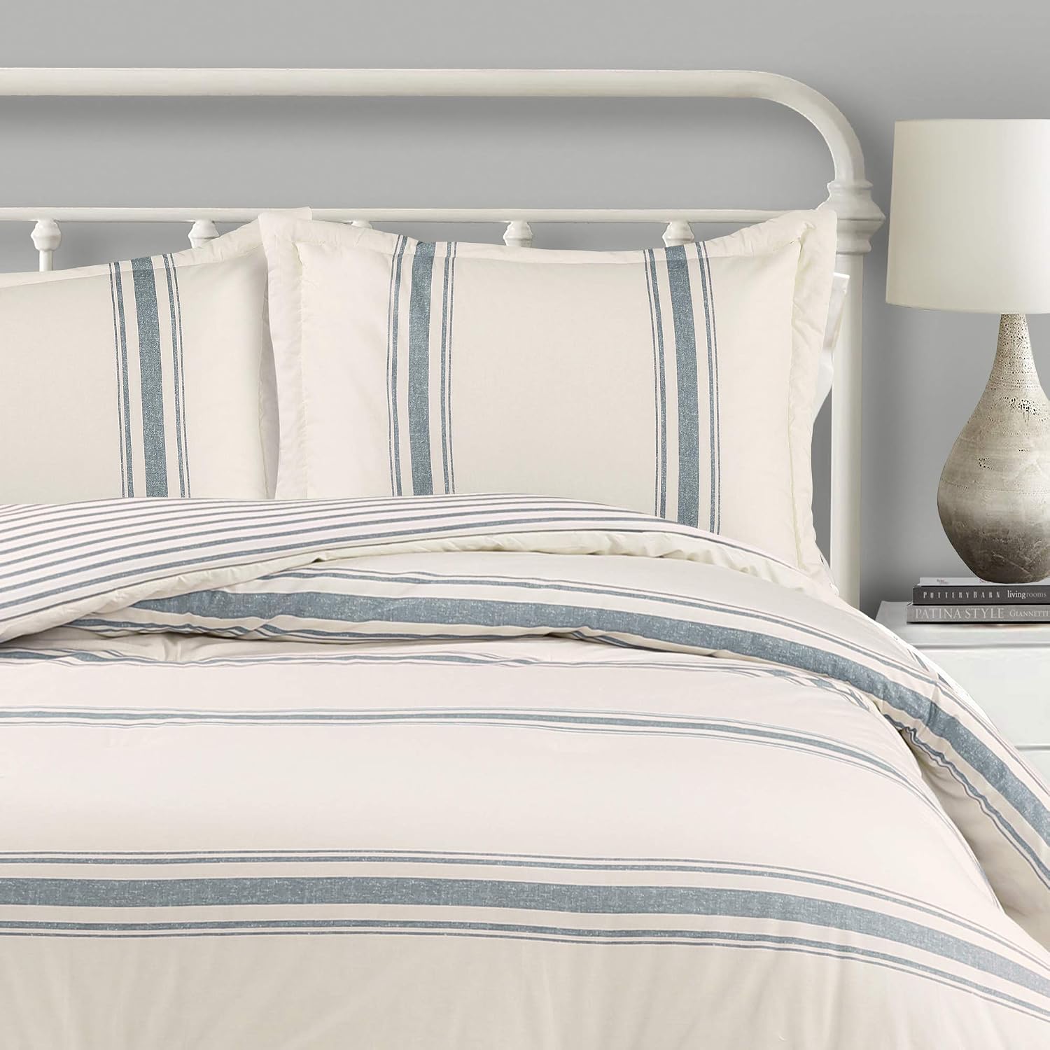Lush Decor Farmhouse Stripe Reversible Cotton Comforter Set, 3 Piece Set, King, Blue - Cozy Farmhouse Bedding Set - Rustic Decor - Striped Comforter - Modern Farmhouse Bedroom Decor