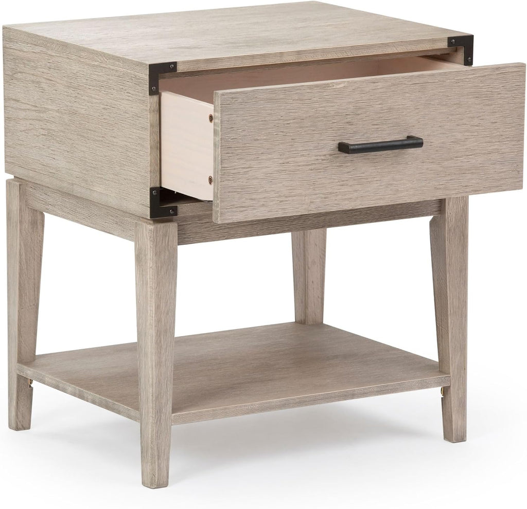 Plank+Beam Contempo Wood Nightstand with 1 Drawer, Wooden Side Table for Bedroom Storage, Bedside End Table, Seashell Wirebrush