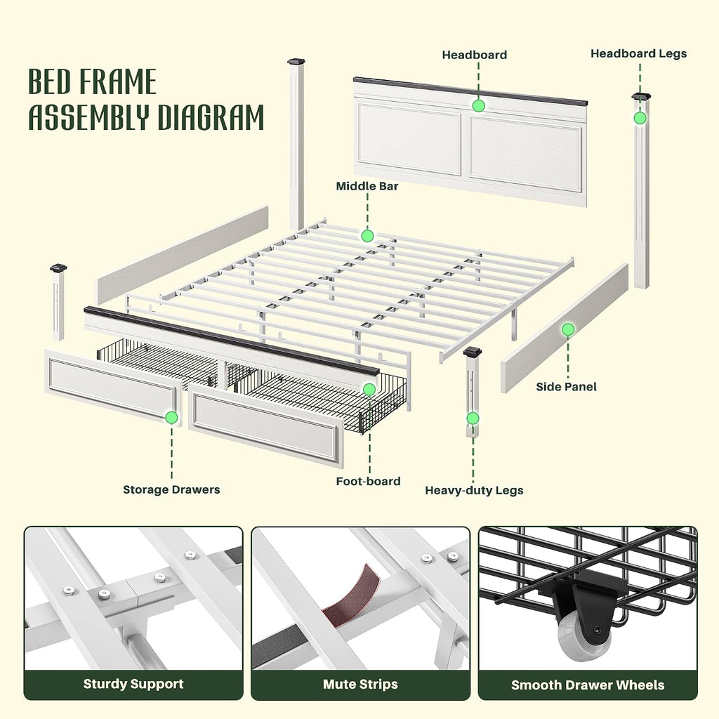 Homkdom Farmhouse King Size Bed Frame, 51' Tall King Bed Frame and Headboard, Bed Frame with 2 Storage Drawers, No Box Spring Needed, White