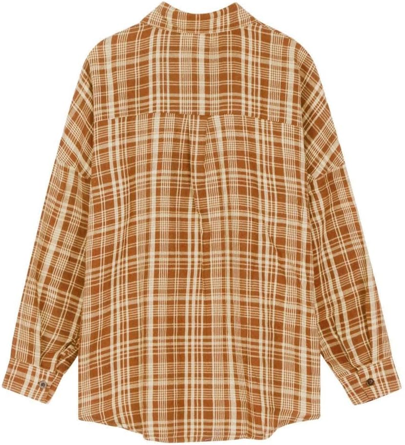FMCHICO Womens Button Down Flannel Shirts Long Sleeve Plaid Shackets Business Casual Blouse Top