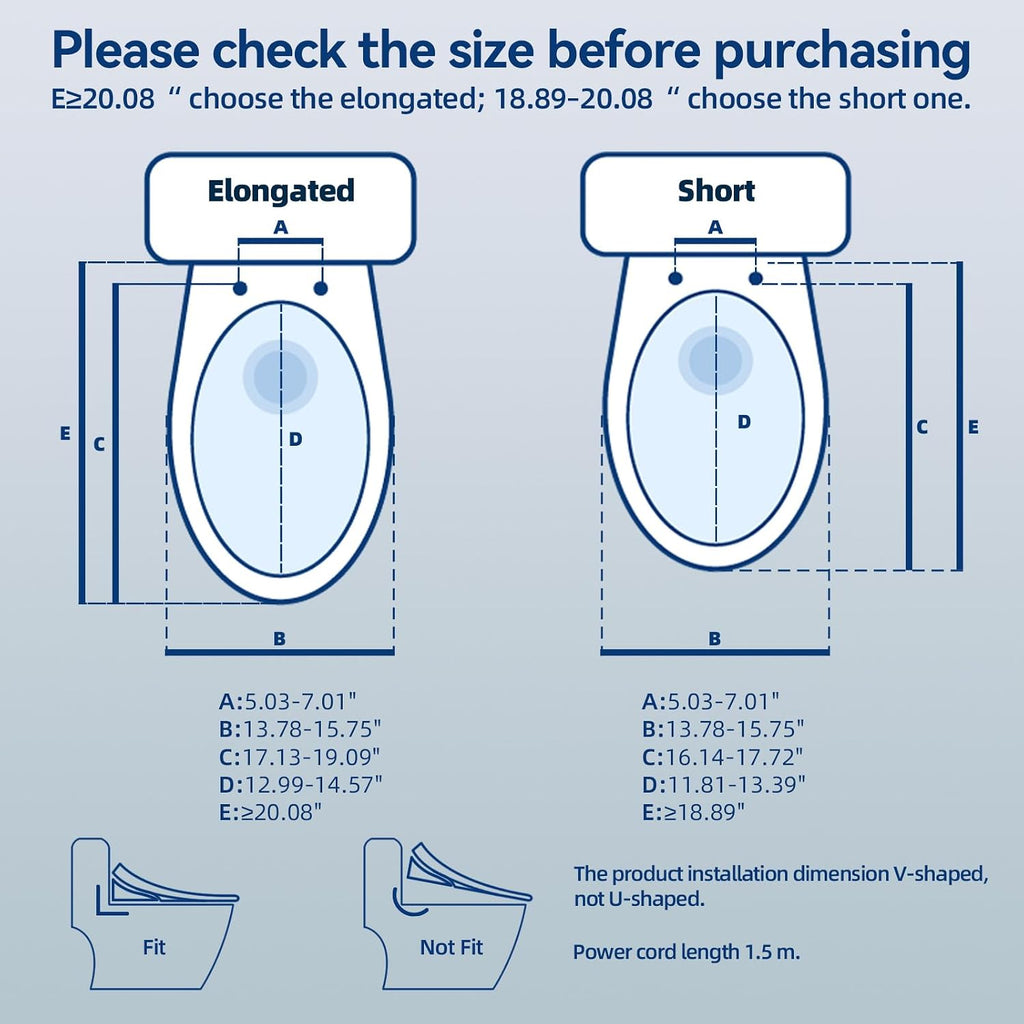 Smart Heated Toilet Seat for Short V-Shaped Toilets – Bidet Warm Water Wash, Self-Cleaning Nozzle, Warm Air Dryer, Deodorizer, Soft-Close Lid, LED Night Light & Remote Control, Easy Install
