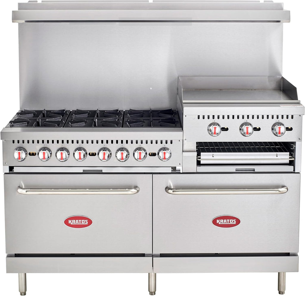 Kratos Commercial Gas Range, 60' Wide with 24' Griddle/Broiler, 6 Burners, and 2 Standard Ovens, Liquid Propane (29Y-172-LP)