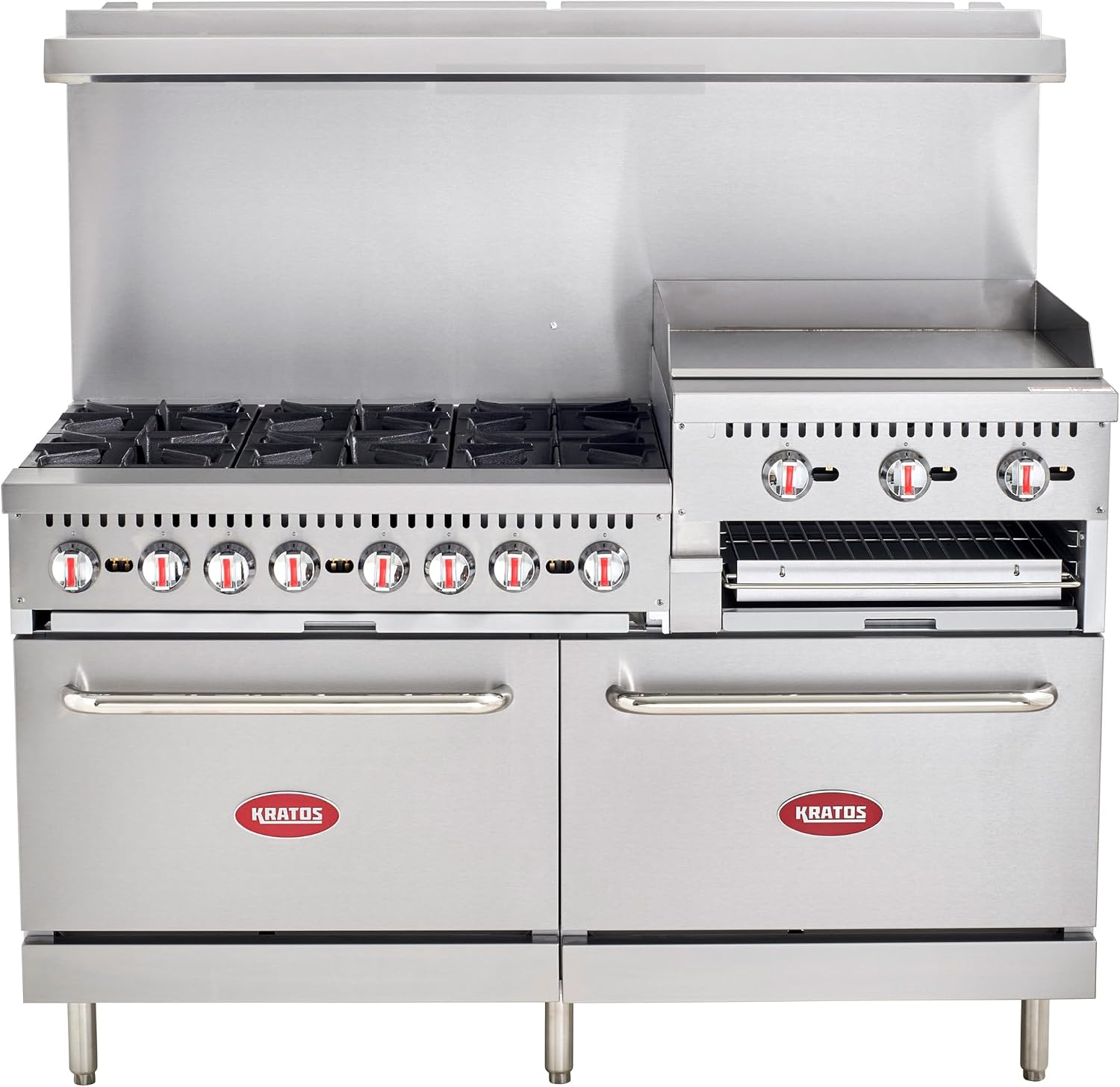 Kratos Commercial Gas Range, 60' Wide with 24' Griddle/Broiler, 6 Burners, and 2 Standard Ovens, Natural Gas (29Y-172-NAT)