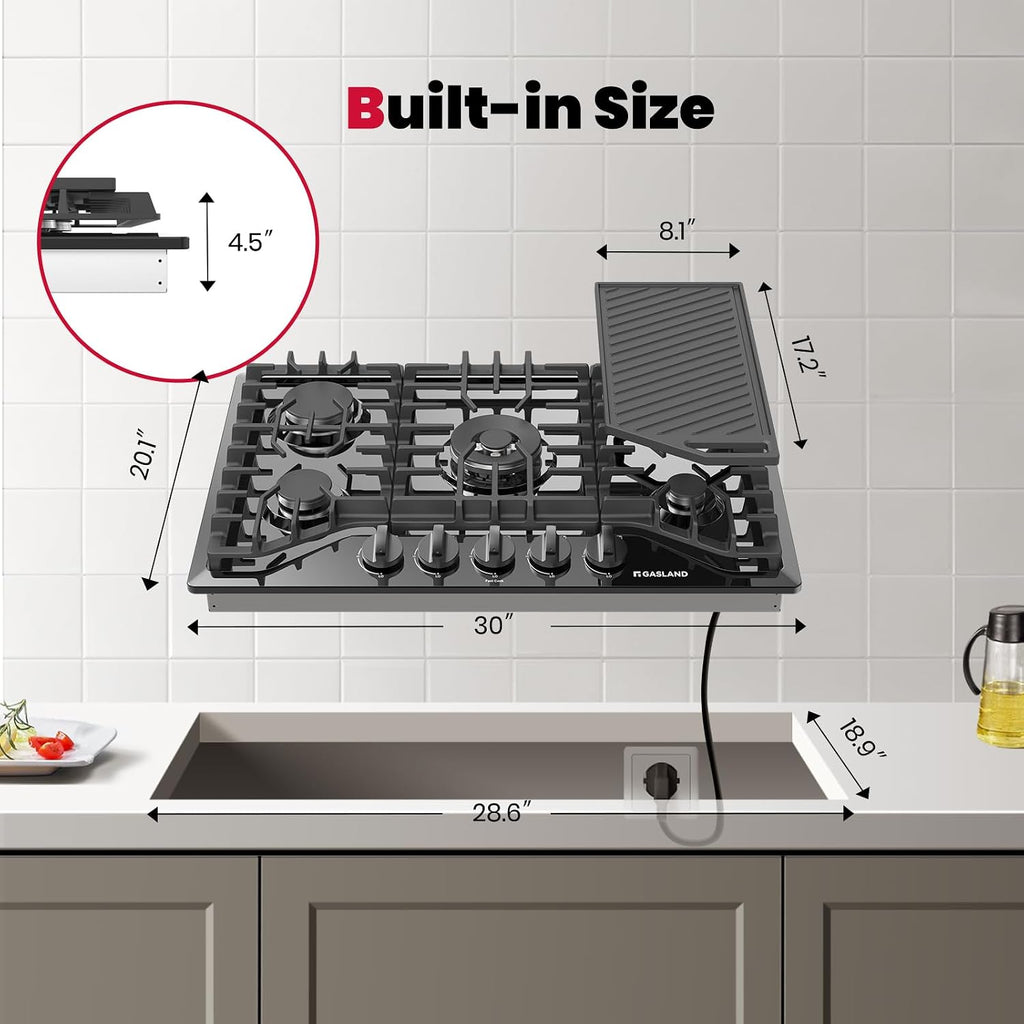 GASLAND Gas Cooktop 30 Inch with Griddle, Gas Stovetop with 5 Burners, Comes with Reversible Cast Iron Grill/Griddle, 120V Plug-in, NG/LPG Convertible, CSA Certified Black