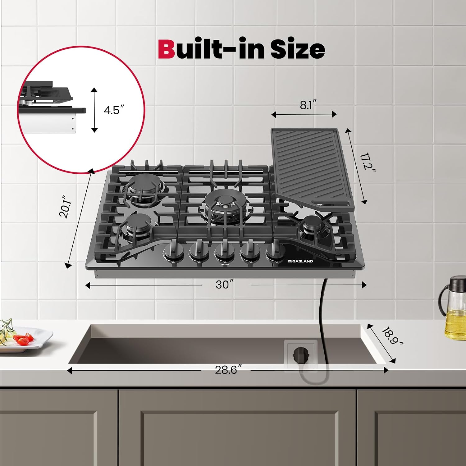 GASLAND Gas Cooktop 30 Inch with Griddle, Gas Stovetop with 5 Burners, Comes with Reversible Cast Iron Grill/Griddle, 120V Plug-in, NG/LPG Convertible, CSA Certified Black