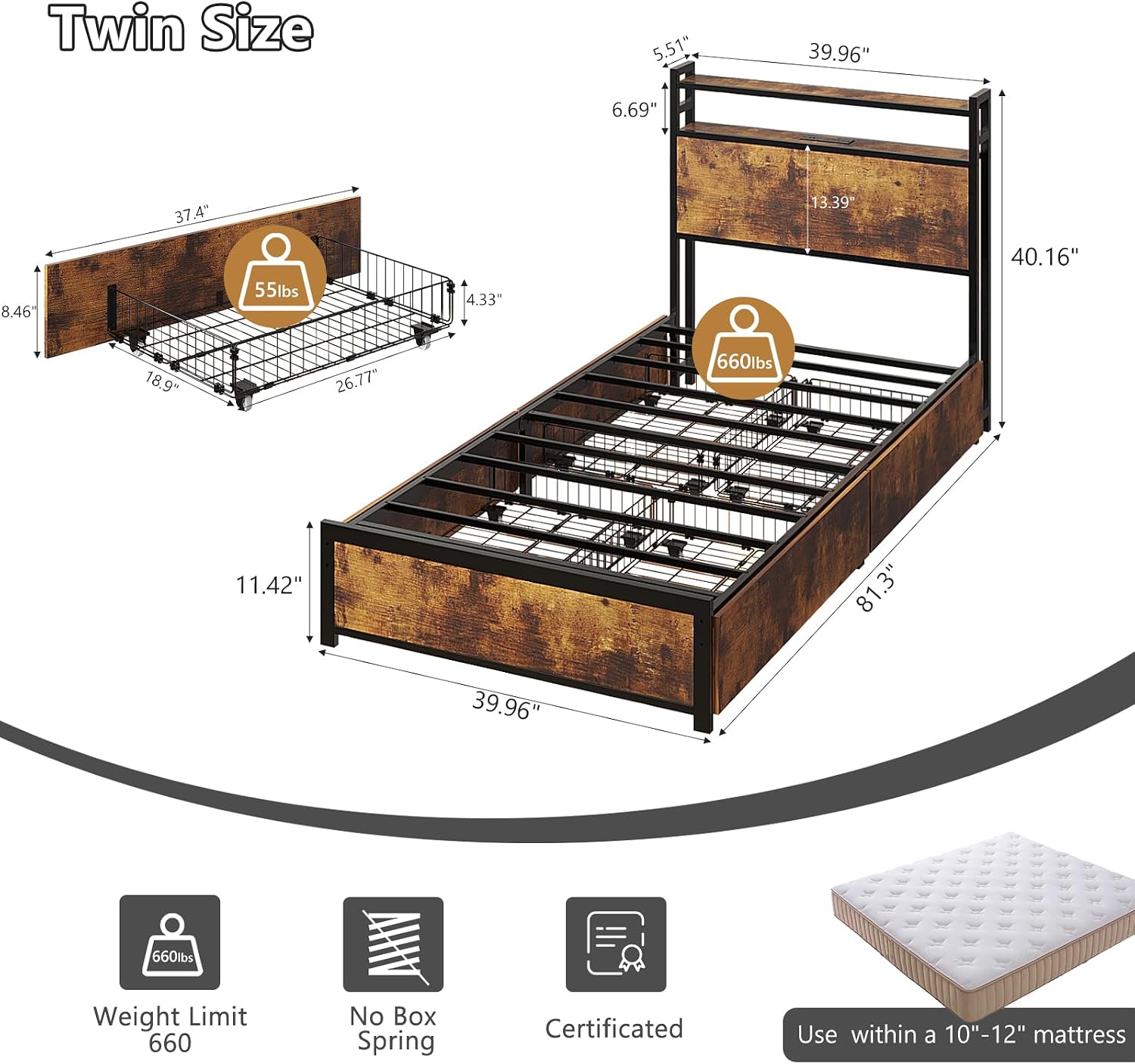 VINGLI Bed Frame Twin Size Set of 2with 4 Storage Drawers and Storage Headboard, Metal Platform with Charging Station and LED Lights, No Box Spring Needed, Easy Assembly, Vintage Brown