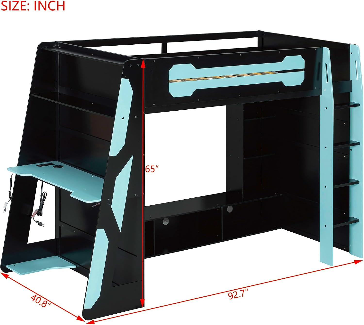 Bellemave Gaming Loft Bed with Desk and Lights, Twin Loft Bed with Storage Shelves and Work Station, Wood Loft Bed Frame for Kids, Boys, Girls, Teens, No Spring Box Needed & Dedicated Style, Blue