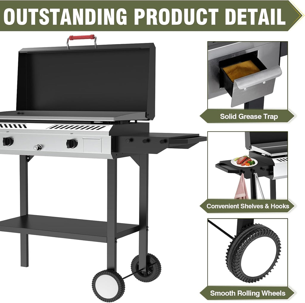 Bestfire 2 Burner Outdoor Propane Gas Stove with Auto Ignition & Regulator, 150,000 BTU High-Pressure Stand Cooker with Flat Top Grill Griddle & Shelf, Portable Cast Iron Burner for Canning & Frying